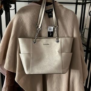 CALVIN KLEIN leather champagne colored chain tote